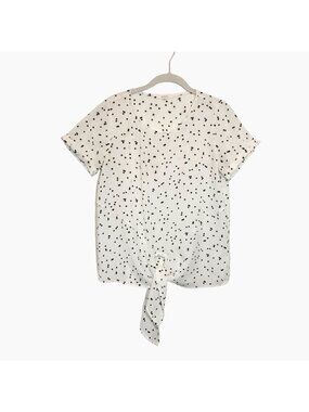 Pleione Women's Tie Front Short Sleeve Blouse in White Black - Size XS